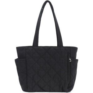 Women Black Nylon Puffy Padded Tote Bag - Lightweight, Spacious Work & Travel Ba